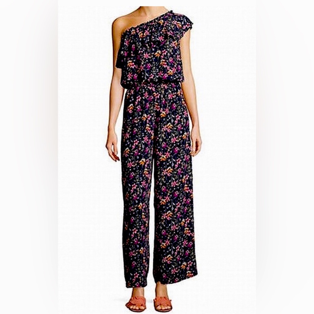 Design Lab floral navy blue one shoulder jumpsuit